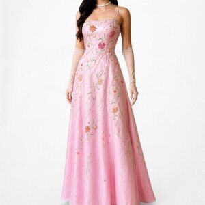 Vintage Pastel Pink Satin Floral Beaded Fit Flared Maxi Prom Dress Size S